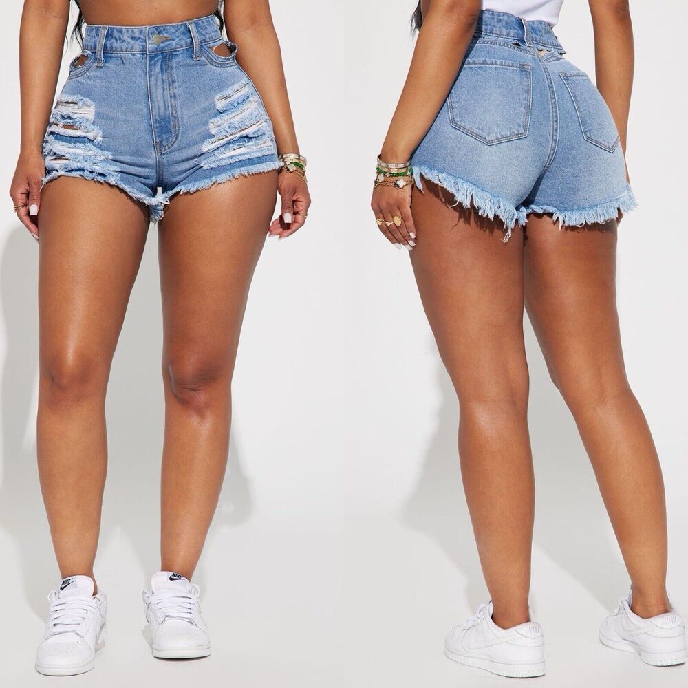 Fashion Nova Womens Cut Off Denim Shorts 15 Distressed Ripped Streetwear Grunge